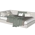Modern Kids Bed With Upholstered Headboard Cozy Pillows And Soft Blanket
