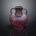Decorative Purple Red Vase With Two Handles And Ornate Carvings On Surface