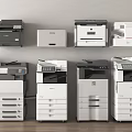 Various Office Electrical Appliances Including Multifunction Printers Copiers And Scanners Arranged Neatly