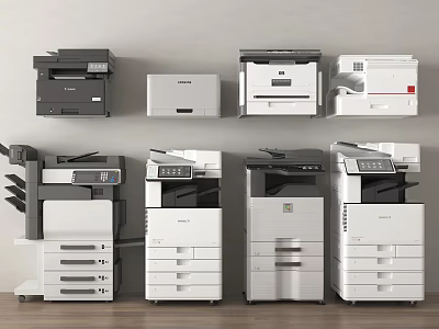 Various Office Electrical Appliances Including Multifunction Printers Copiers And Scanners Arranged Neatly 3d model