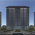 Modern High Rise Residential Building With Glass Curtain Walls And Landscaped Garden Surroundings