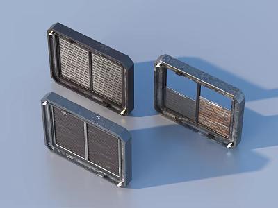 Three Industrial Metal Framed Grid Filter Grilles Showing Worn Metallic Texture 3d model