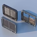 Three Industrial Metal Framed Grid Filter Grilles Showing Worn Metallic Texture
