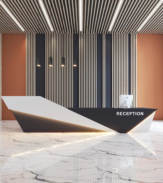 Sleek Modern Reception Desk With Vertical Striped Backdrop And Warm Lighting Fixtures 3d model 