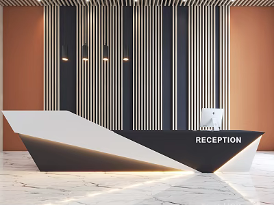 Sleek Modern Reception Desk With Vertical Striped Backdrop And Warm Lighting Fixtures 3d model