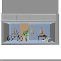 Fashion Store Window Display With Clothes Bicycle Green Plant Wooden Table And Lighting