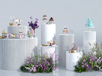 Stylish Tea Break Area With Desserts Cakes Purple Flowers And White Display Stands 3d model