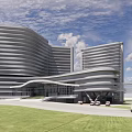 Modern Hospital Building Complex With Green Roof And Curved Exterior Design