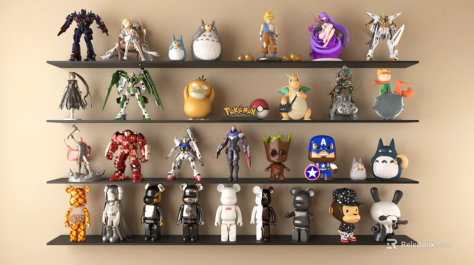 Diverse Action Figures And Dolls Collection On Multiple Shelves With Mecha Anime And Cartoon Characters 3d model 