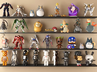 Diverse Action Figures And Dolls Collection On Multiple Shelves With Mecha Anime And Cartoon Characters 3d model