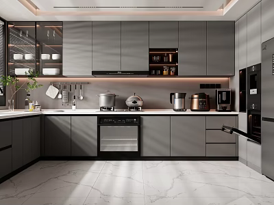 Modern Open Kitchen With Gray Cabinets Marble Floor And Built In Appliances 3d model