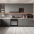 Modern Open Kitchen With Gray Cabinets Marble Floor And Built In Appliances 3d model