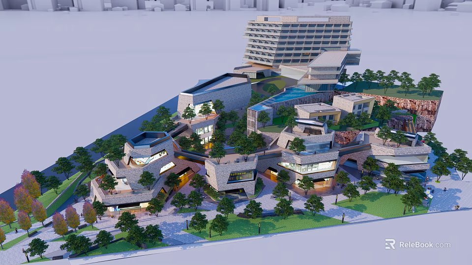 Modern Hotel Building Complex With Contemporary Architectural Design And Green Surroundings 3d model 