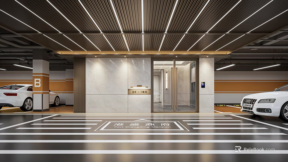 Modern Parking Lot Entrance With Ceiling Light Strips Marble Walls Elevator Parking Lines And Vehicles 3d model 