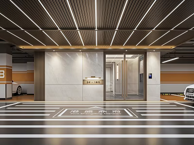 Modern Parking Lot Entrance With Ceiling Light Strips Marble Walls Elevator Parking Lines And Vehicles 3d model
