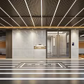 Modern Parking Lot Entrance With Ceiling Light Strips Marble Walls Elevator Parking Lines And Vehicles