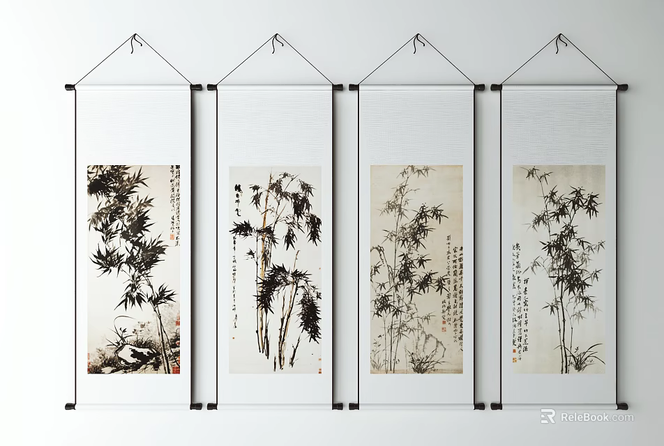 Four Elegant Bamboo Scroll Paintings With Calligraphy Hanging On White Wall 3d model 