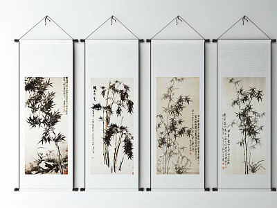 Four Elegant Bamboo Scroll Paintings With Calligraphy Hanging On White Wall 3d model
