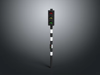 Functional Traffic Light Equipment With Red Yellow Green Lights On Black White Striped Pole 3d model