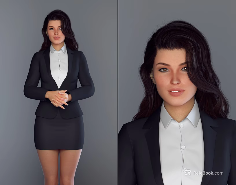 Professional Business Woman Wearing Black Blazer White Shirt And Short Skirt 3d model 