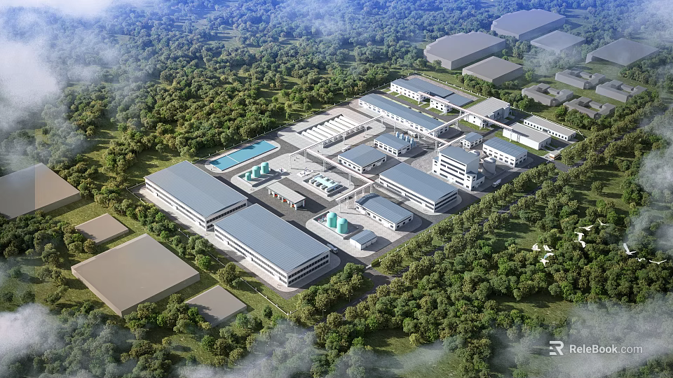 Large Scale Modern Industrial Factory Aerial View With Green Trees And Multiple Buildings 3d model 