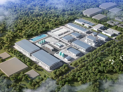 Large Scale Modern Industrial Factory Aerial View With Green Trees And Multiple Buildings 3d model
