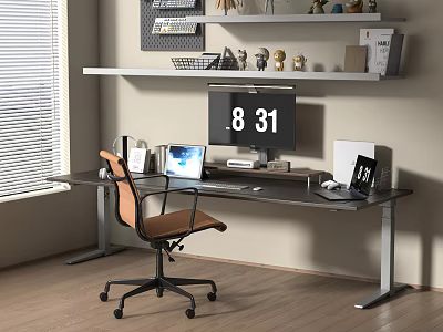 Modern Workspace Desk With Chair Computer Monitor Laptop Shelf Books Decorations And Window Blinds 3d model