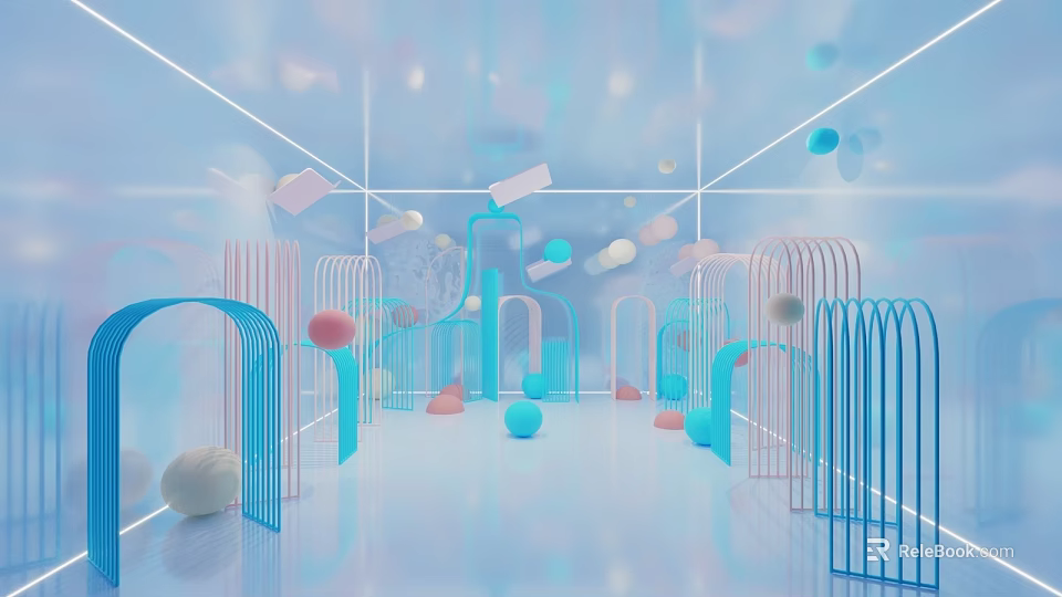 Public Office Space With Light Blue Pink Arched Structures Floating Spheres And Geometric Decor 3d model 