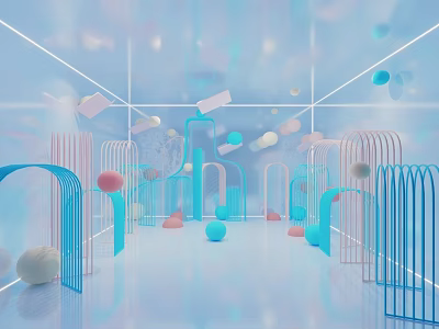 Public Office Space With Light Blue Pink Arched Structures Floating Spheres And Geometric Decor 3d model