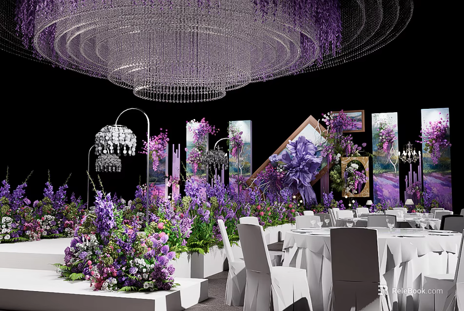 Elegant Banquet Hall With Purple Flowers Crystal Chandelier White Tables And Decorative Paintings 3d model 