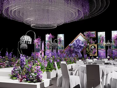 Elegant Banquet Hall With Purple Flowers Crystal Chandelier White Tables And Decorative Paintings 3d model