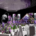Elegant Banquet Hall With Purple Flowers Crystal Chandelier White Tables And Decorative Paintings