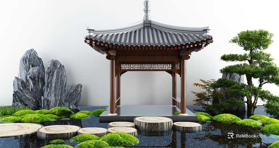 Traditional Chinese Garden Pavilion With Grey Tile Roof Wooden Structure And Rock Greenery Water Pond 3d model 