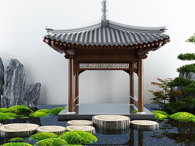 Traditional Chinese Garden Pavilion With Grey Tile Roof Wooden Structure And Rock Greenery Water Pond 3d model
