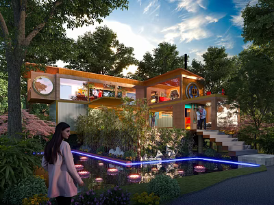 Modern Container Building Surrounded by Trees Water Pond and Lighting with People Nearby 3d model