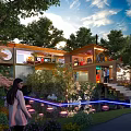 Modern Container Building Surrounded by Trees Water Pond and Lighting with People Nearby