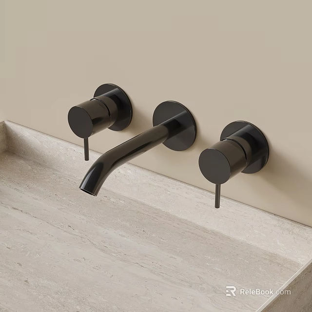 Modern Wall Mounted Black Faucet With Dual Handles On Light Colored Countertop 3d model 