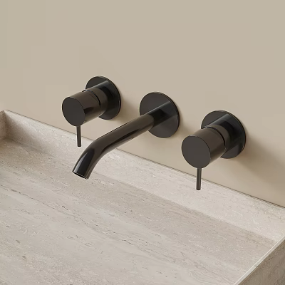 Modern Wall Mounted Black Faucet With Dual Handles On Light Colored Countertop 3d model