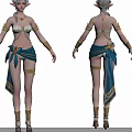 Elf Woman With Silver Hair In Blue Fabric Outfit And Gold Decorations Front Back View