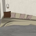 Unique Shaped Beige Sofa with Brown Light Pink Pillows on Marble Floor and Light Wall