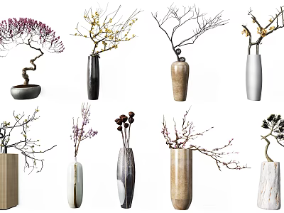 Bonsai Potted Plants in Various Decorative Vases with Flowering Branches for Home Decor 3d model