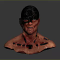 Red And Black Mechanical Bust Sculpture With Mask Design And Intricate Details