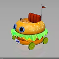 Cartoon Animal Themed Burger Shaped Vehicle With Big Blue Eyes Green Wheels And Red Seat