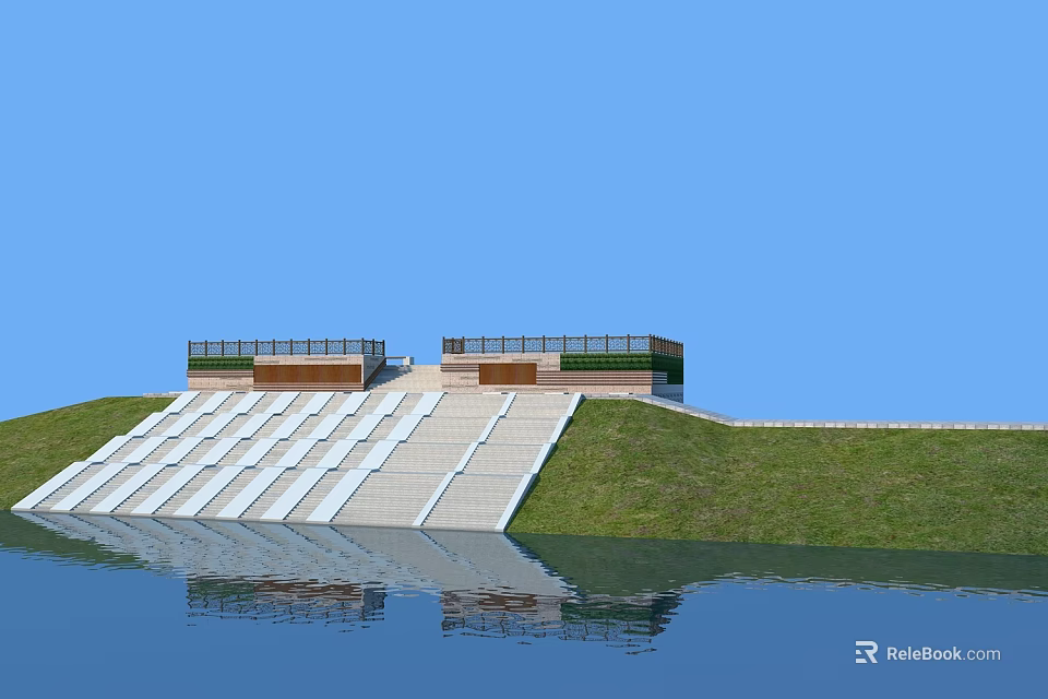 Natural Grass Slope With Water Reflection And Blue Sky Viewing Platforms 3d model