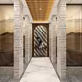 Luxurious SPA Sauna Interior with Golden Ceiling Circular Lights Floral Mural Green Plants and Hot Spring Pool