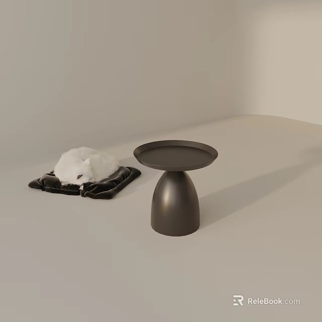 Black Side Table with Round Tray and Conical Base Near White Plush on Black Mat 3d model 