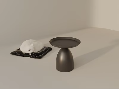 Black Side Table with Round Tray and Conical Base Near White Plush on Black Mat 3d model