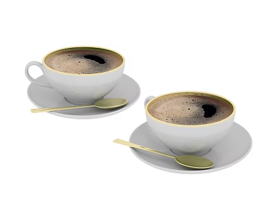 White Coffee Cups With Gold Rim Saucers And Golden Spoons For Foamy Hot Coffee 3d model