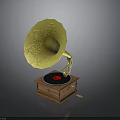 Vintage Gramophone Featuring Yellow Decorative Horn Wooden Base And Black Record With Red Center