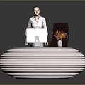 White Ribbed Circular Reception Desk With Computer Monitor Vase And Dark Chair